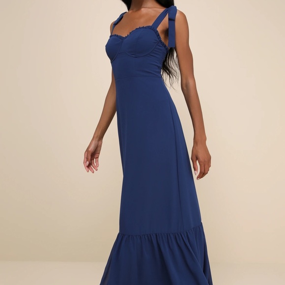 Lulu's Truly Gorgeous Dark Blue Ruffled Bustier Tie-Strap Maxi Dress Size XL - Picture 3 of 11